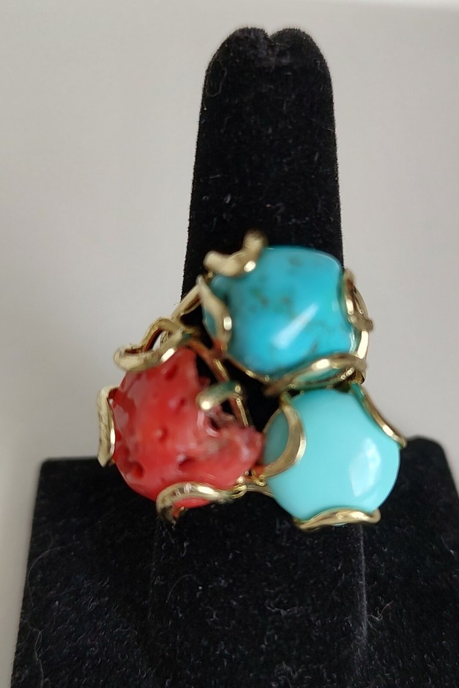 Natural Coral Turquoise Blue Stone Adjustable Ring