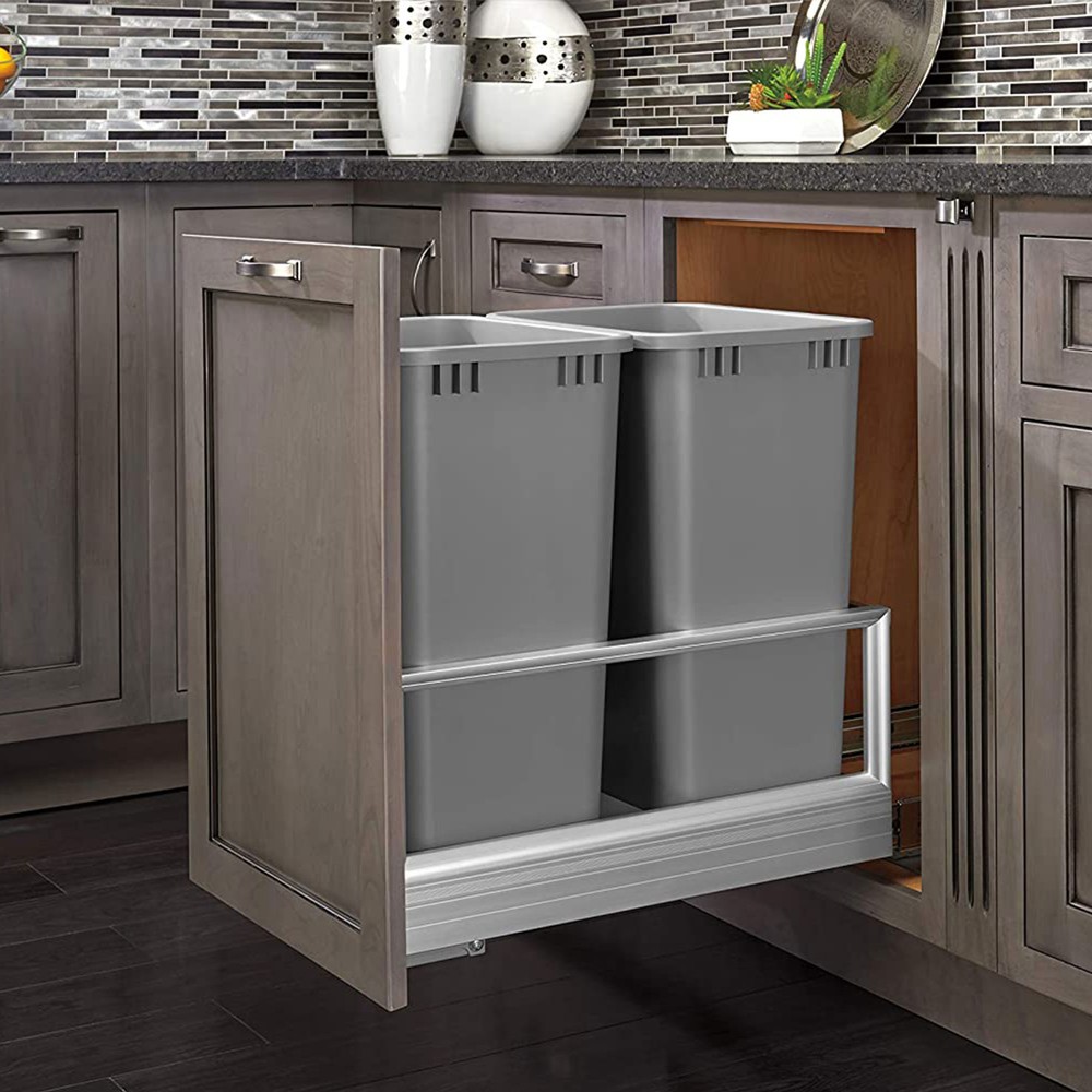 Rev-A-Shelf Double Pullout Kitchen Trash Can 50 Qt, Silver, 5149-2150DM-217
