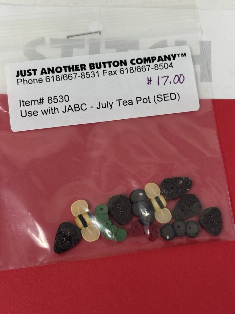 Just Another Button Company JULY Teapot Button Lot & Chart Watermelon 8530