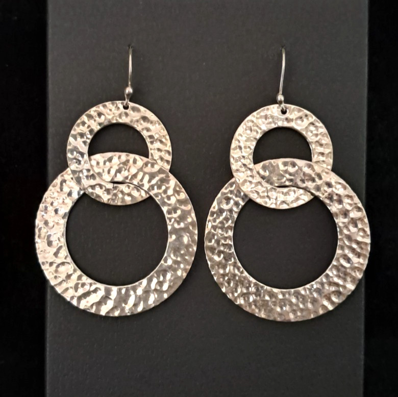 Amparo Mexico 925 Sterling Silver Hammered Double Circle Pierced Dangle Earrings