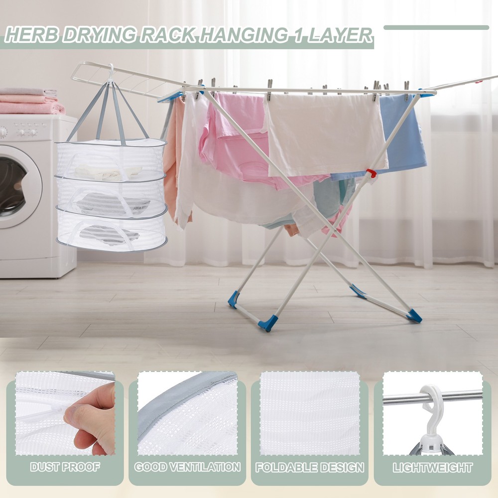 28" Herb Drying Rack Hanging 2 Layer Hanging Mesh Net with Zipper, Grey
