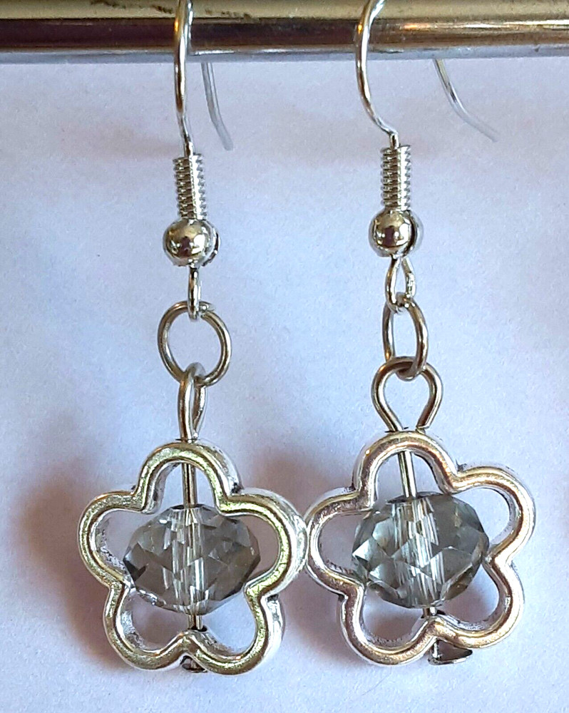 FACETED Smokey GREY Crystal DAISY FRAME earring SP fish hook artisan #FRM