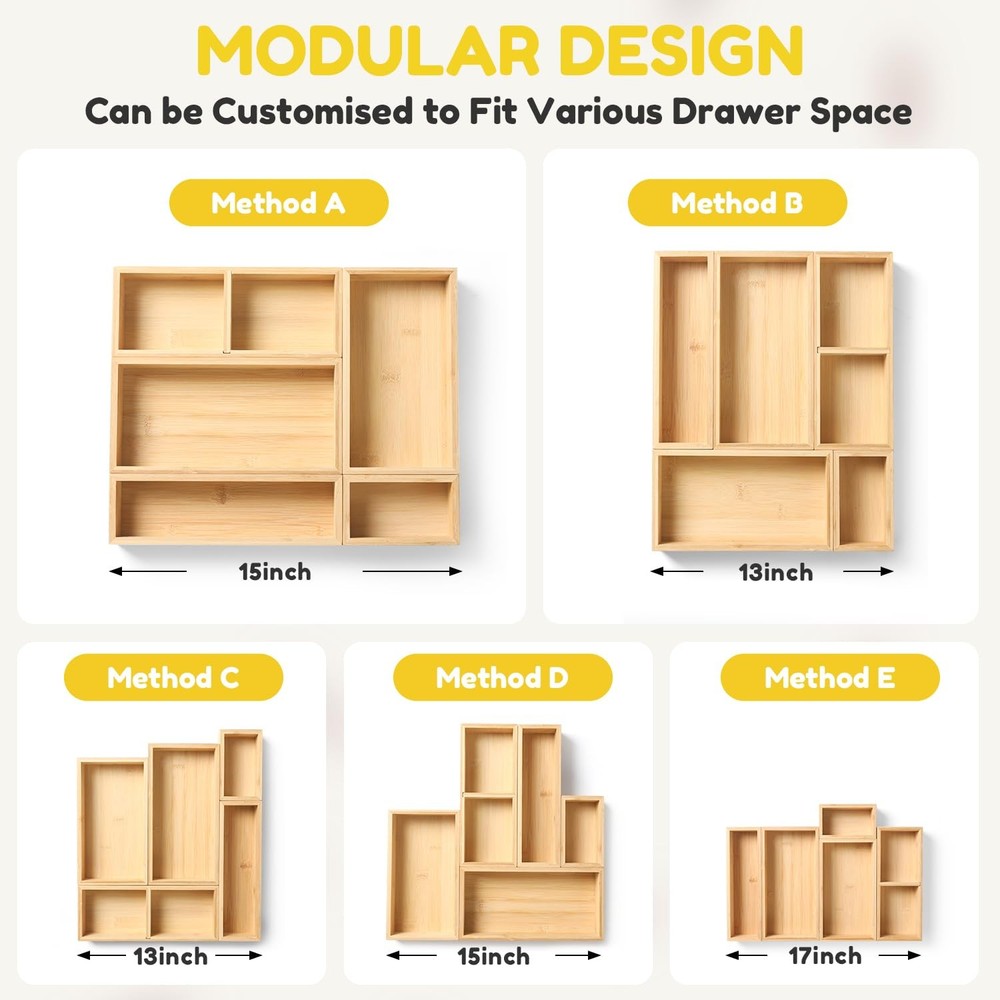 lilLittle Bamboo Drawer Organizer 5 Pcs Kitchen Organizer Set, Multi Purpose