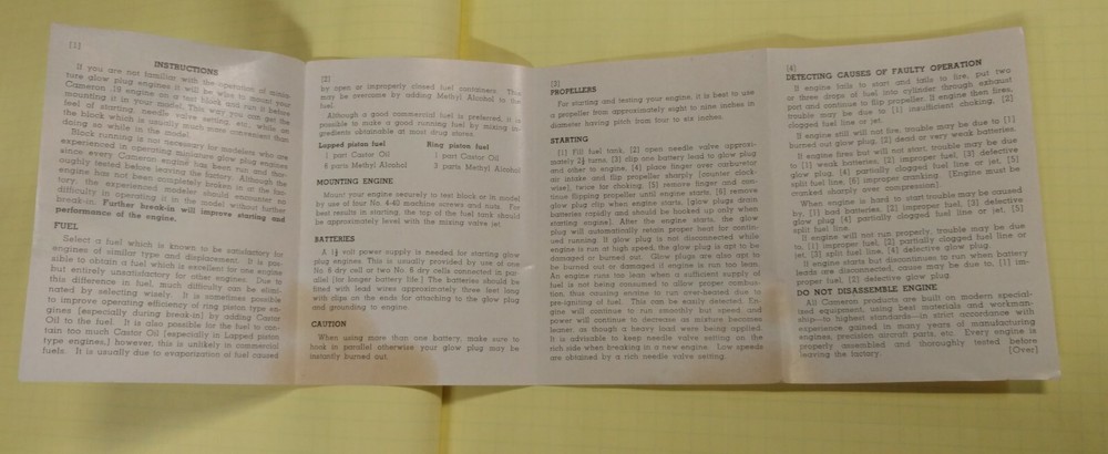 CAMERON 19 Model Airplane Engine original Brochure manual Excellent Condition