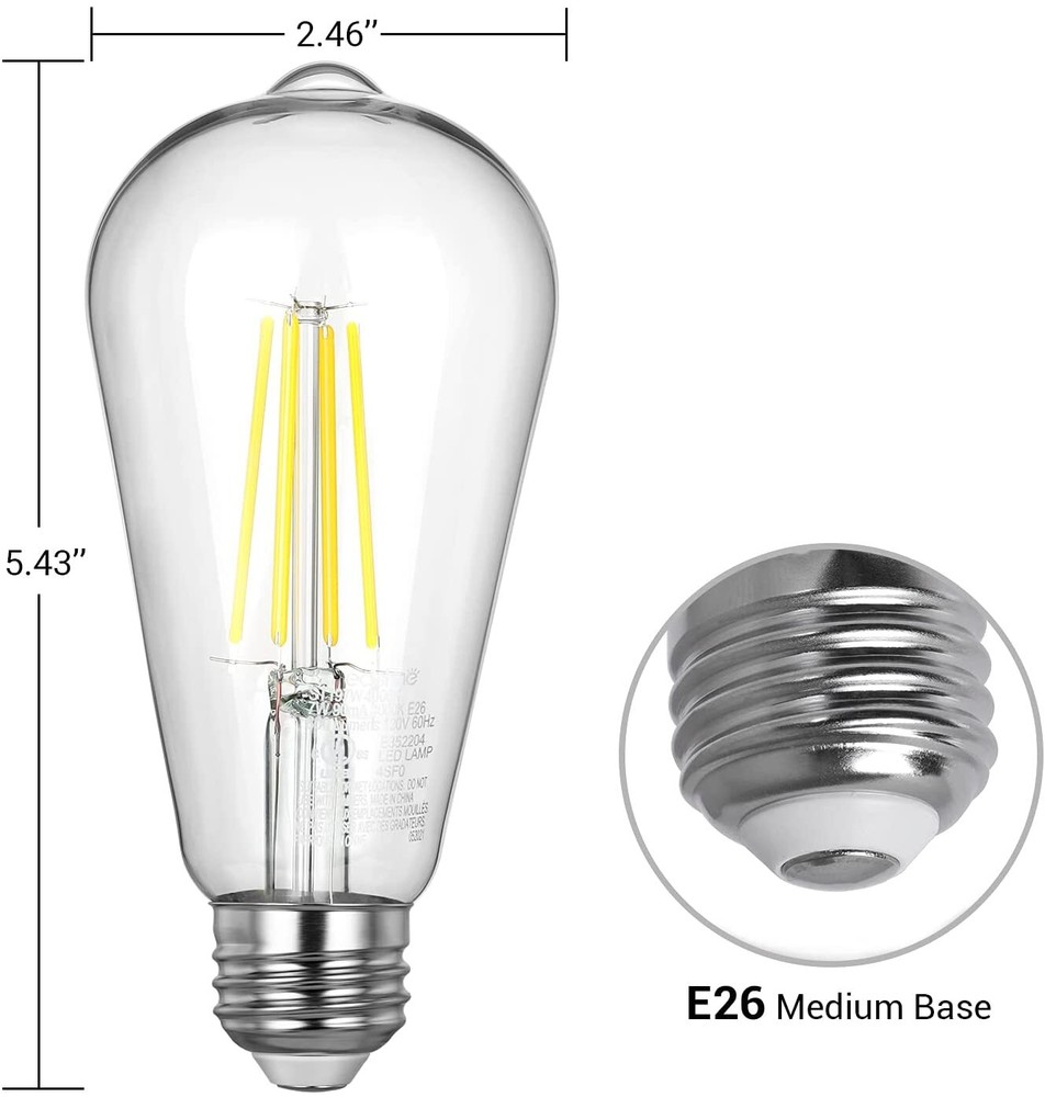 EDISHINE 4-Pack LED Edison Bulb,4000K Daylight White, ST19 Vintage Light Bulbs,