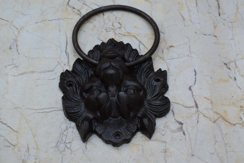 Vintage Cast Iron Lion Head Face Door Knocker Handle Knob Pull Drop Ring