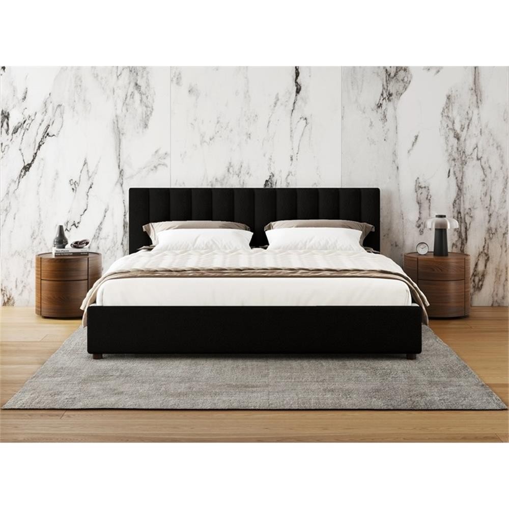Pemberly Row Upholstered Platform King Bed in Black Boucle Fabric