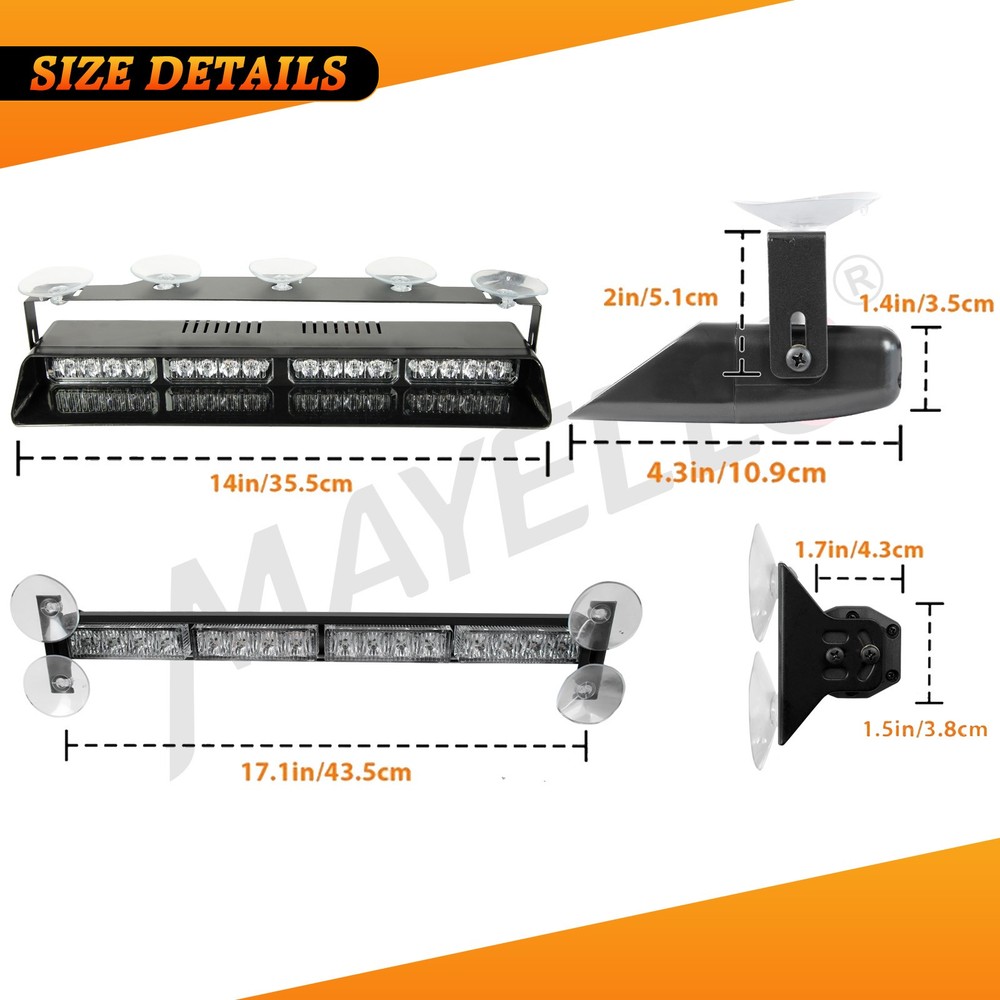 Amber/White 64 LED Warning Light Bar Windshield Flash Lamp Emergency Strobe