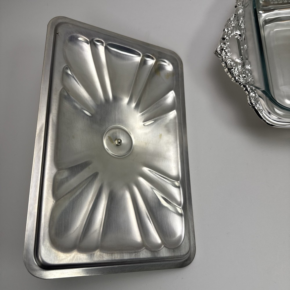 Silver Played Rectangular Chafing Serving Dish with Glass Dish & Lid 17" X 10"