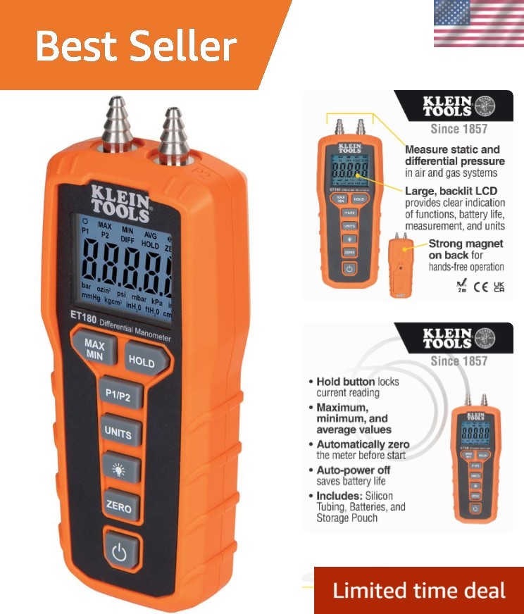 Compact Differential Digital Manometer - Large Backlit Display for Easy Readings