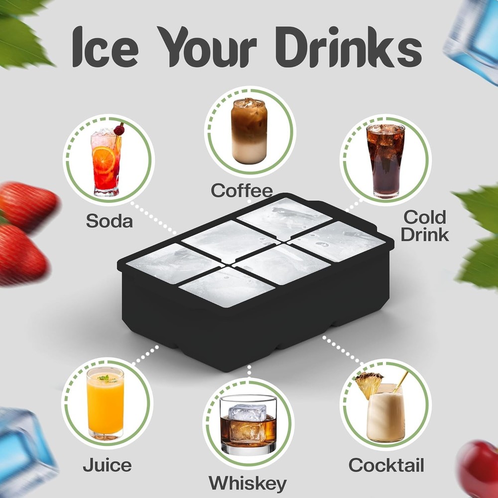 Large Silicone Ice Cube Tray 2 Pack Easy Release 2 Big Ice Cubes Cocktail