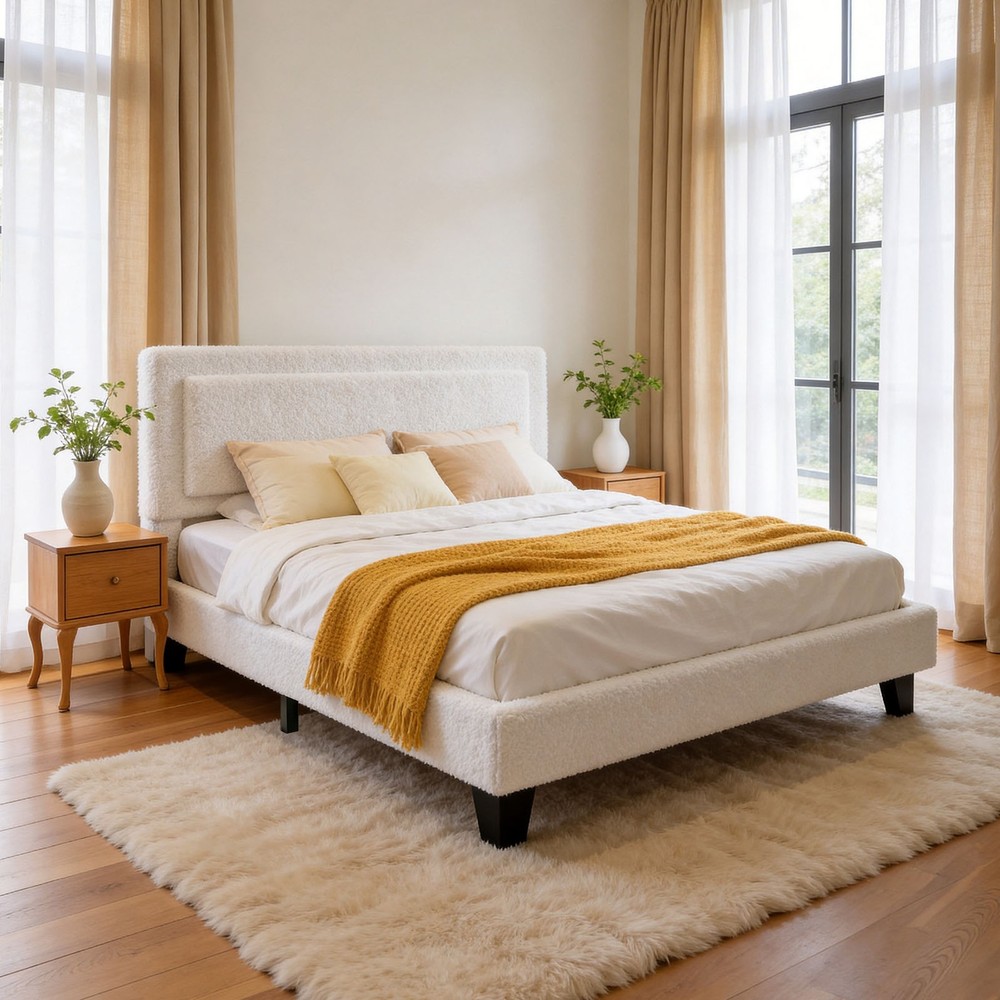 Upholstered Platform Bed Frame with Adjustable Headboard Solid Wood Full Size