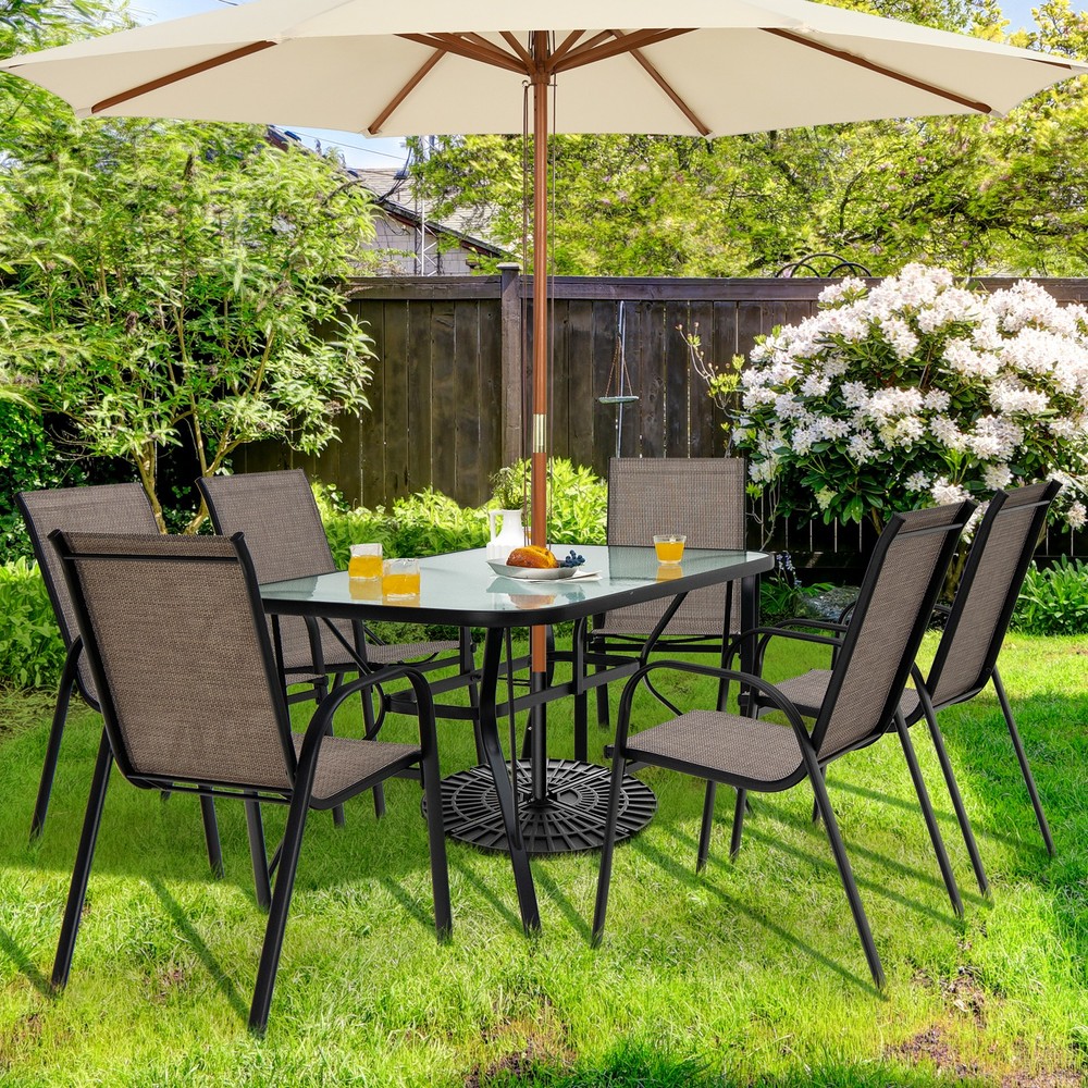 Patiojoy Set of 6 Patio Dining Stackable Chairs Armrests Space Saving Backyard