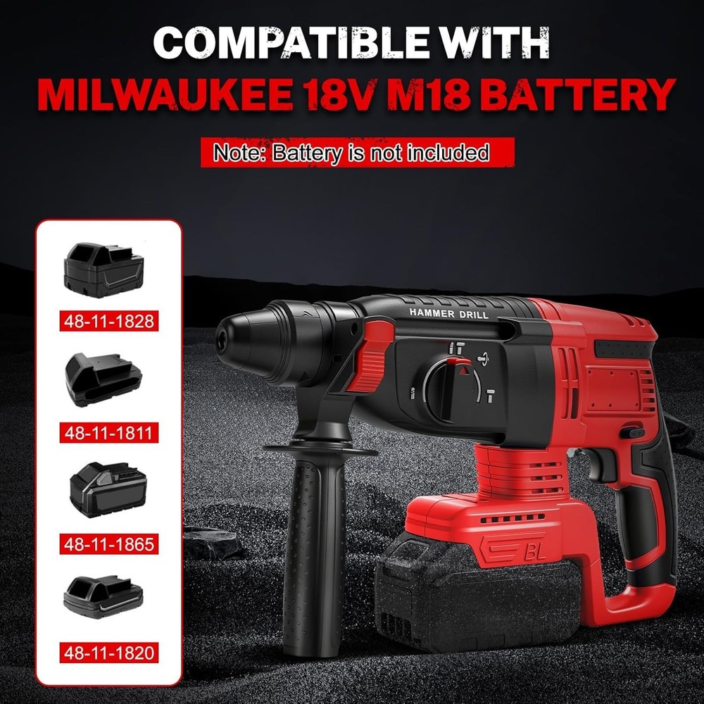 Milwaukee M18 SDS-Plus Rotary Hammer Drill, 4 Modes, 360° Handle, 5 Bits