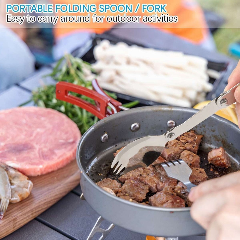 Foldable Fork Spoon Spork Set +Box Stainless Steel Portable Folding Camping Flat