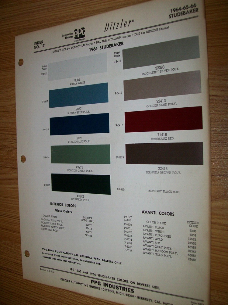 1964 1965 1966 Studebaker car auto DItzler PPG paint chips set