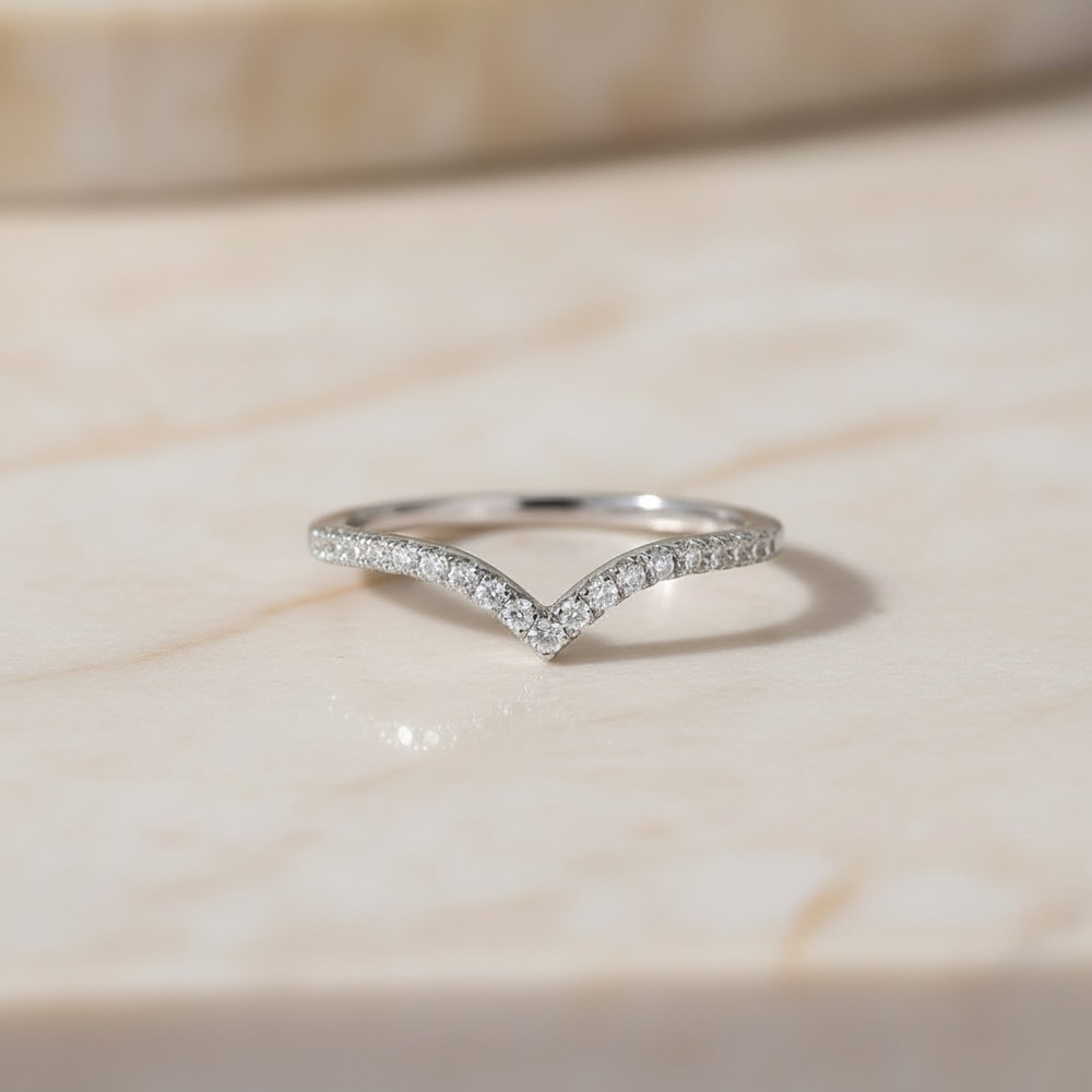 V Shaped Ring | Solid Silver Chevron Ring | | Thin Pave Wishbone Stacking Band