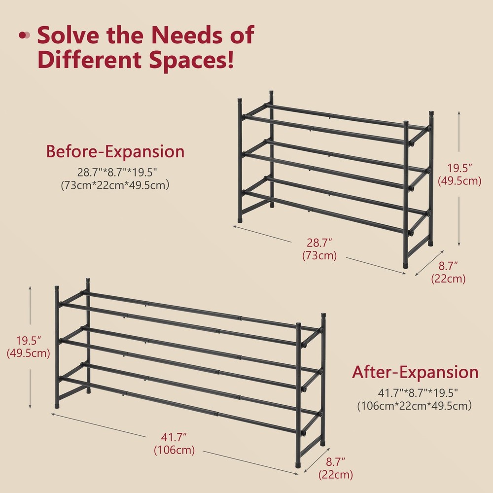 Expandable Shoe Rack for Closet 3 Tier, 28“-41“Adjustable & Stackable Shoe Sh...