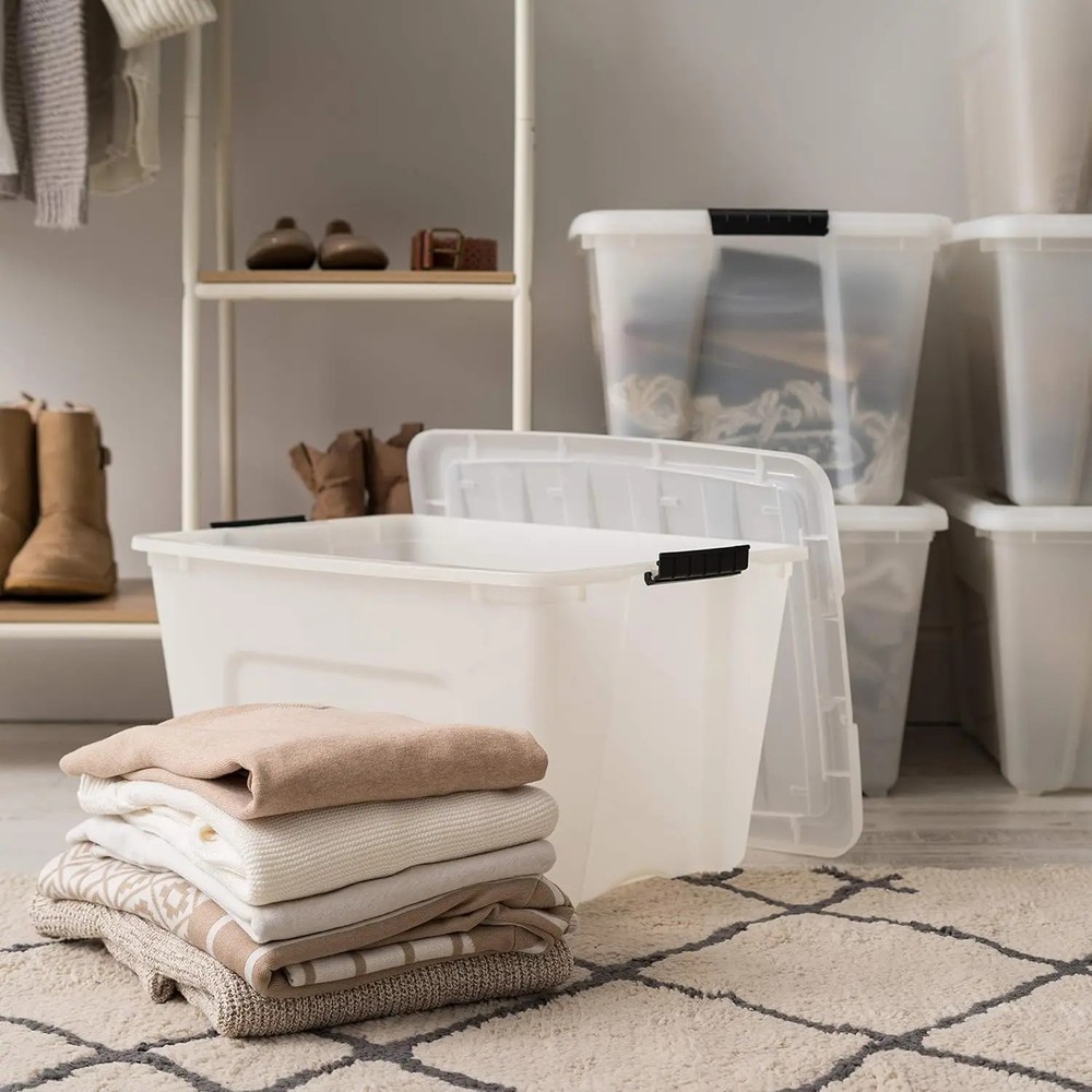 Stackable Storage Bins w/ Lids & Latches Durable Nestable Containers Pearl