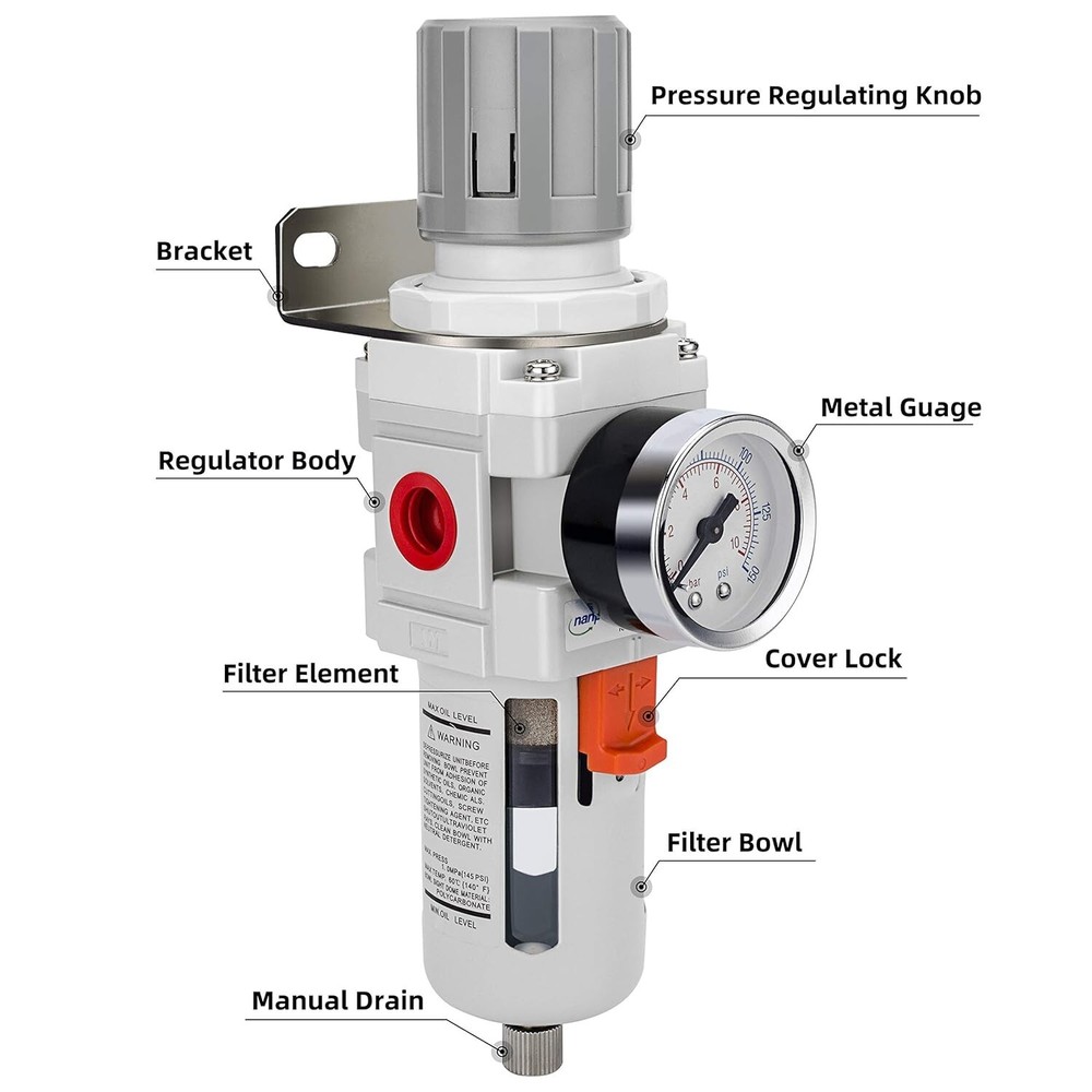 1/2" NPT Compressed Air Filter Regulator Combo with Semi-Auto Drain System