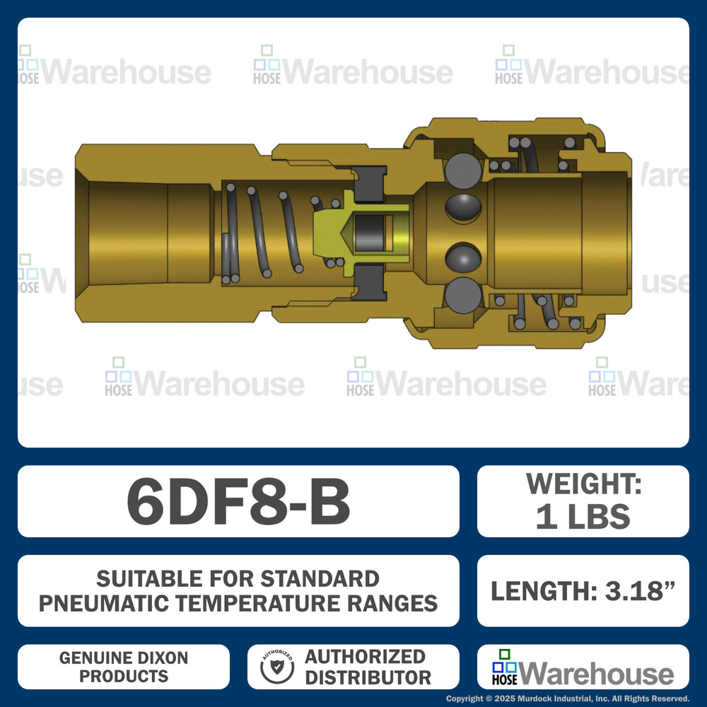 Genuine Dixon 6DF8-B DF-Series Coupler – Brass Automatic Pneumatic Female Thread