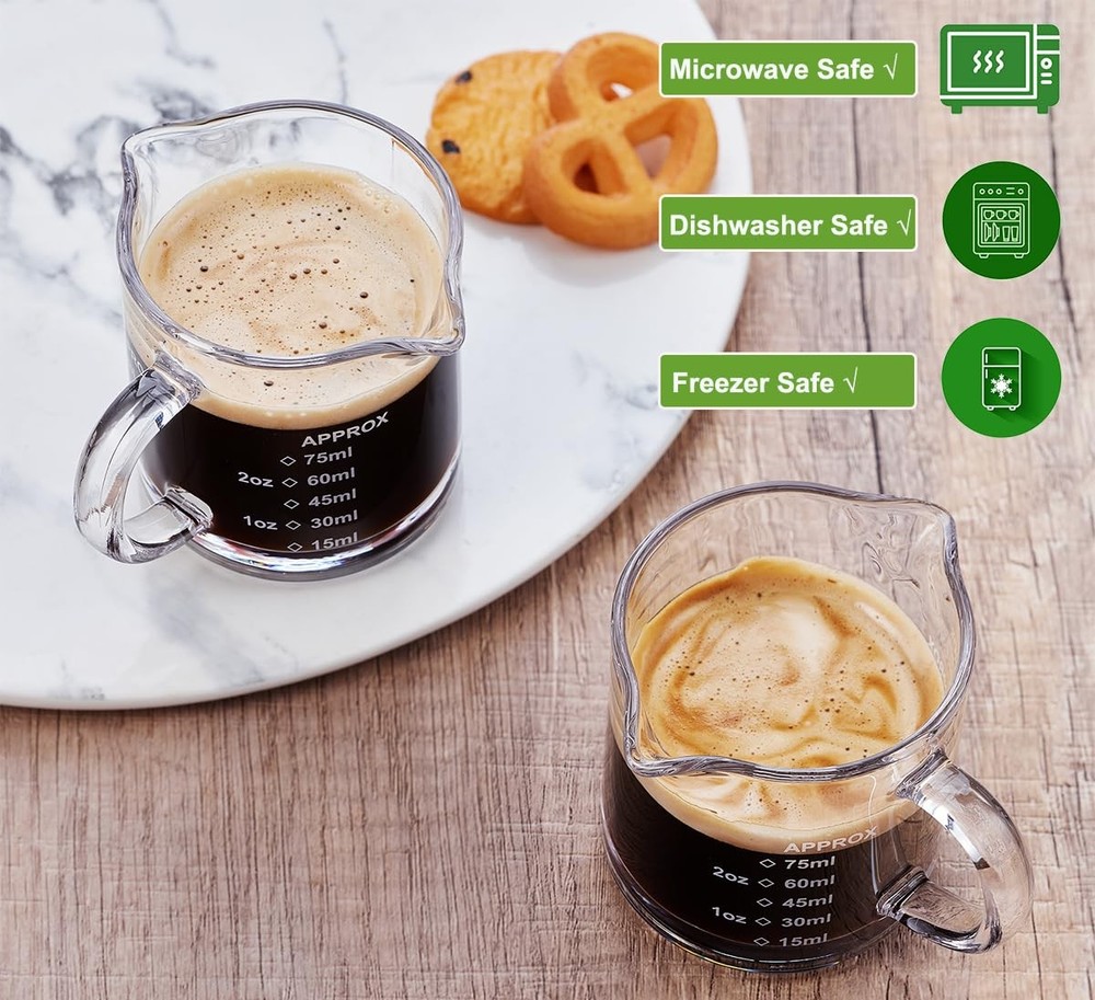 Ackers 2 Pack Measuring Cups, 75ML/2.5OZ Espresso Cups with small, Clear