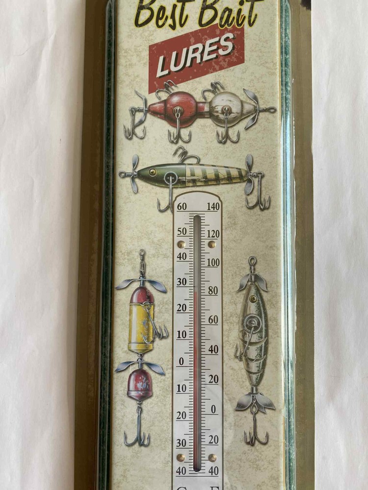 NOSTALGIC TIN THERMOMETER BEST BAIT LURES 17” LENGTH X 5” WIDTH Temperature NEW