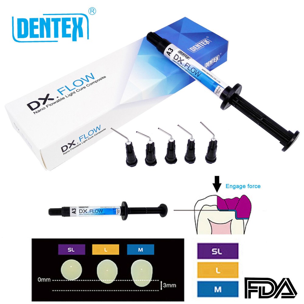 DENTEX Dental Flowable Light Cure Composite Resin Medium Flow A1/A2/A3 3g +5Tips
