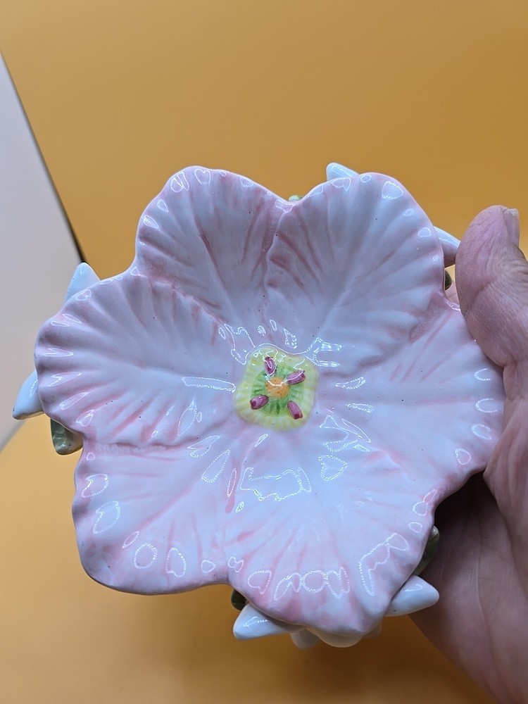3 Easter Bunnies Holding Up Pink Flower Ceramic Candy Dish
