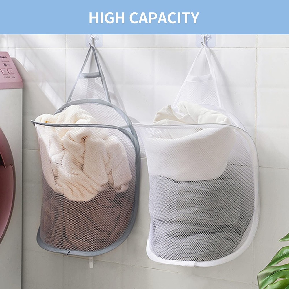Pop-up Hanging Laundry Hamper Small Mesh Basket 2 Pack Foldable Gray White