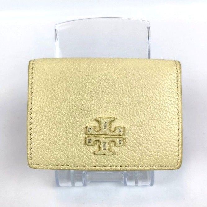 Tory Burch Micro Tri-Fold Wallet Leather Yellow Logo Compact Pre-Owned