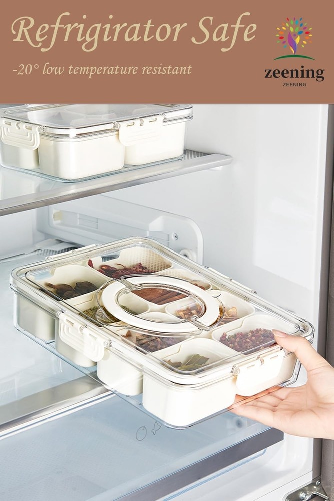 Divided Clear Snackle Box Container, Serving Tray with Lid & Handle