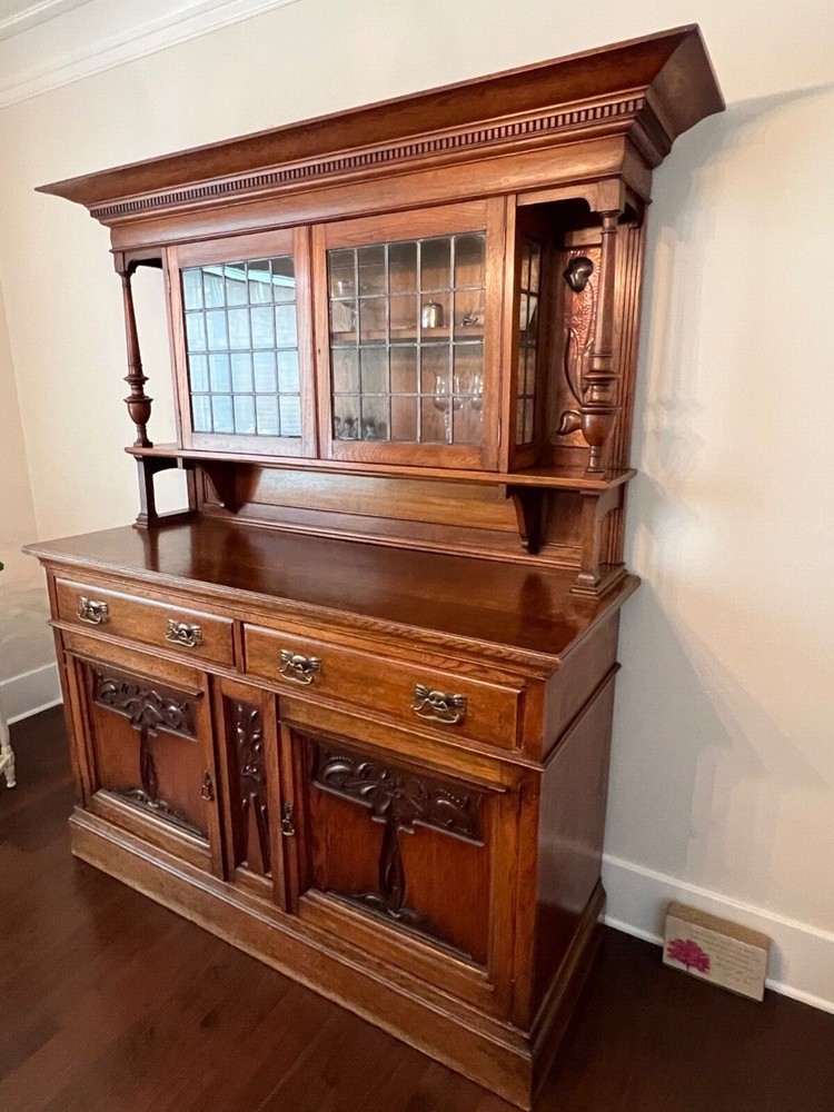 Antique Oak Buffet/Sideboard with Leaded Glass Doors & Copper Inlay