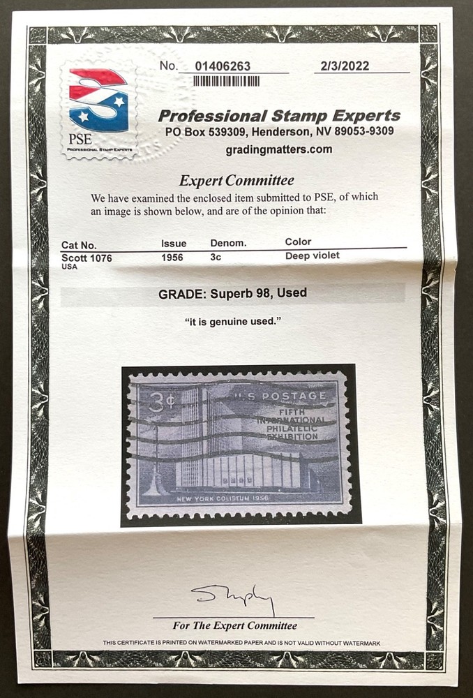 #1076 Used, PSE Graded 98, PSE Cert # 01406263