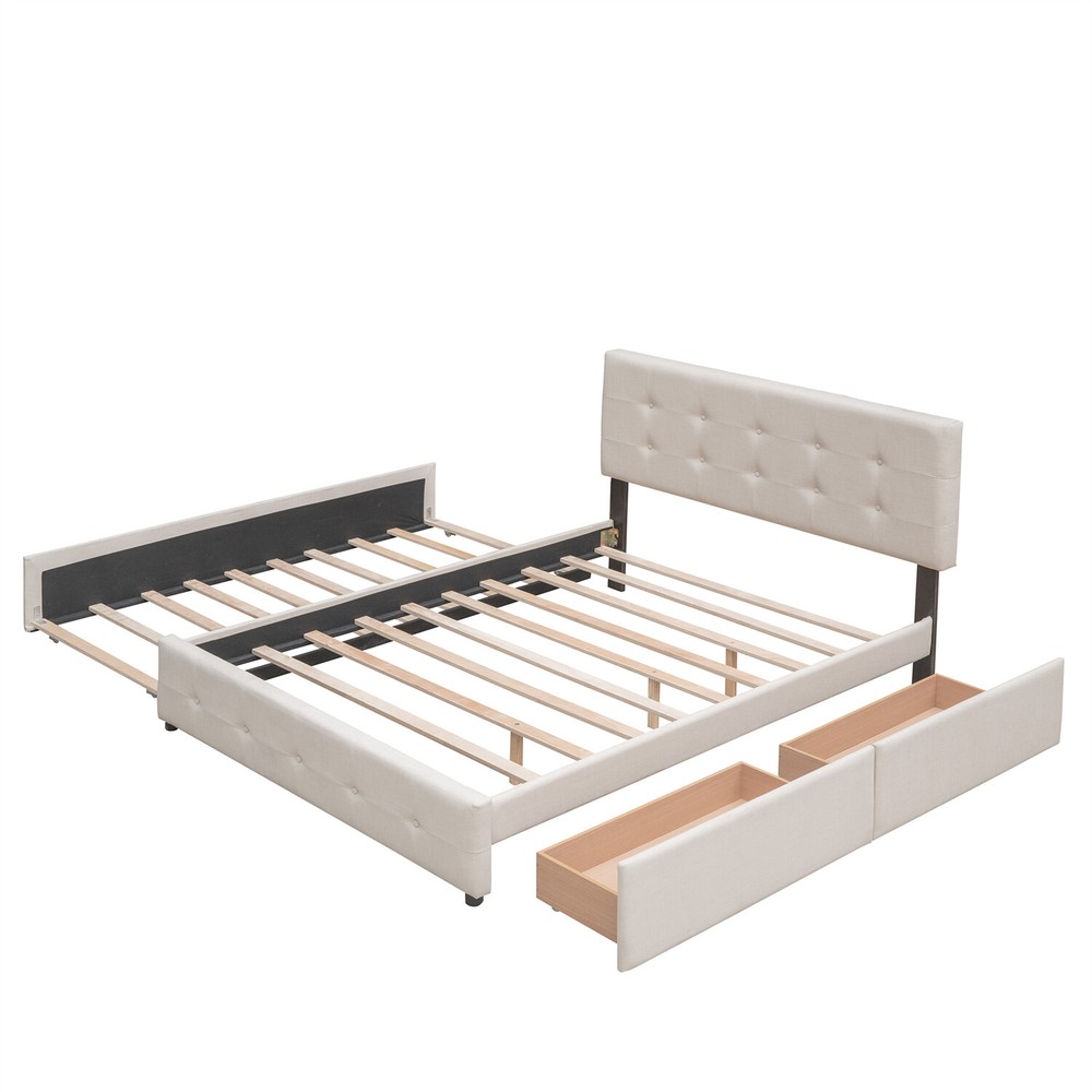 Queen Size Bed Frame Upholstered Platform Bed with Pull-Out Trundle & 2 Drawer