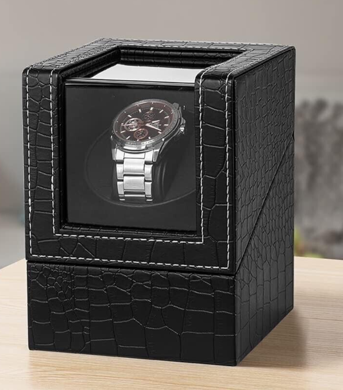Efaithtek Automatic Single Watch Winder in Black Crocodile Pattern Leather
