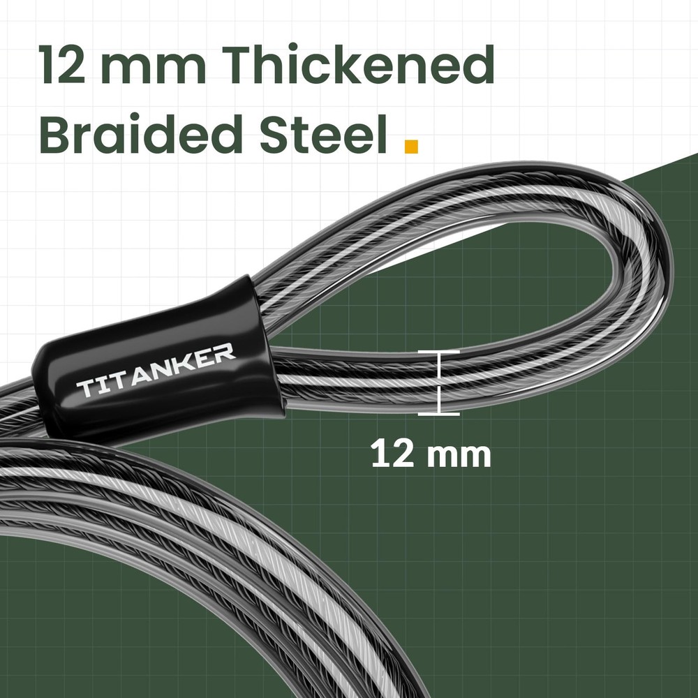 Titanker Bike Lock Cable,12mm Thick Security Cable with Loops 4FT, Black