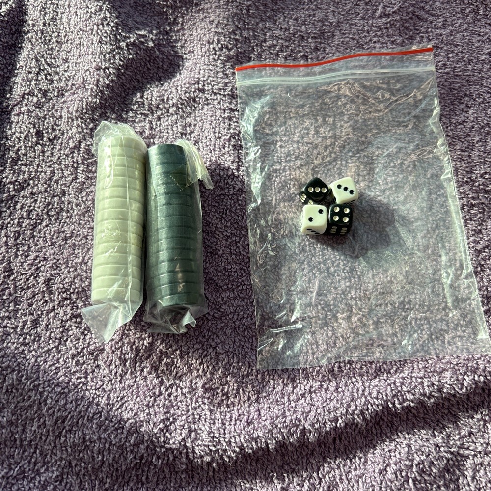 Mini Backgammon Moving Pieces + Dice. Black and White.