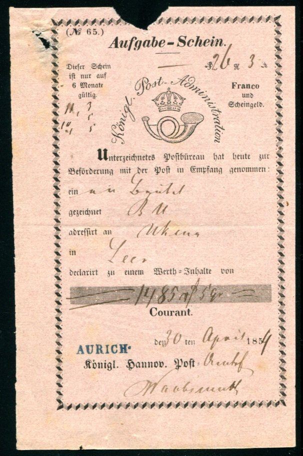 HANNOVER AURICH 1854 POST NOTE (J1200