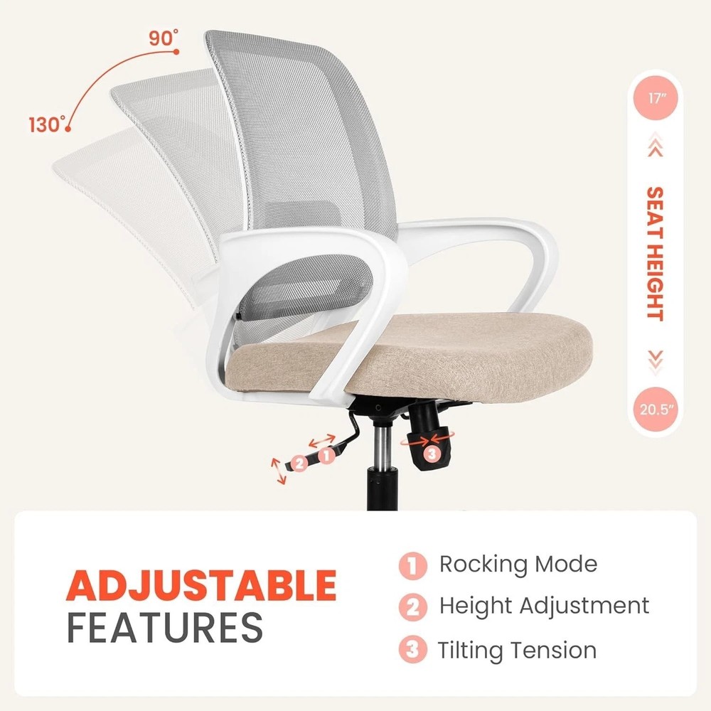 Adjustable Height Rolling Office Chair with Lumbar Support - Comfy Beige Design