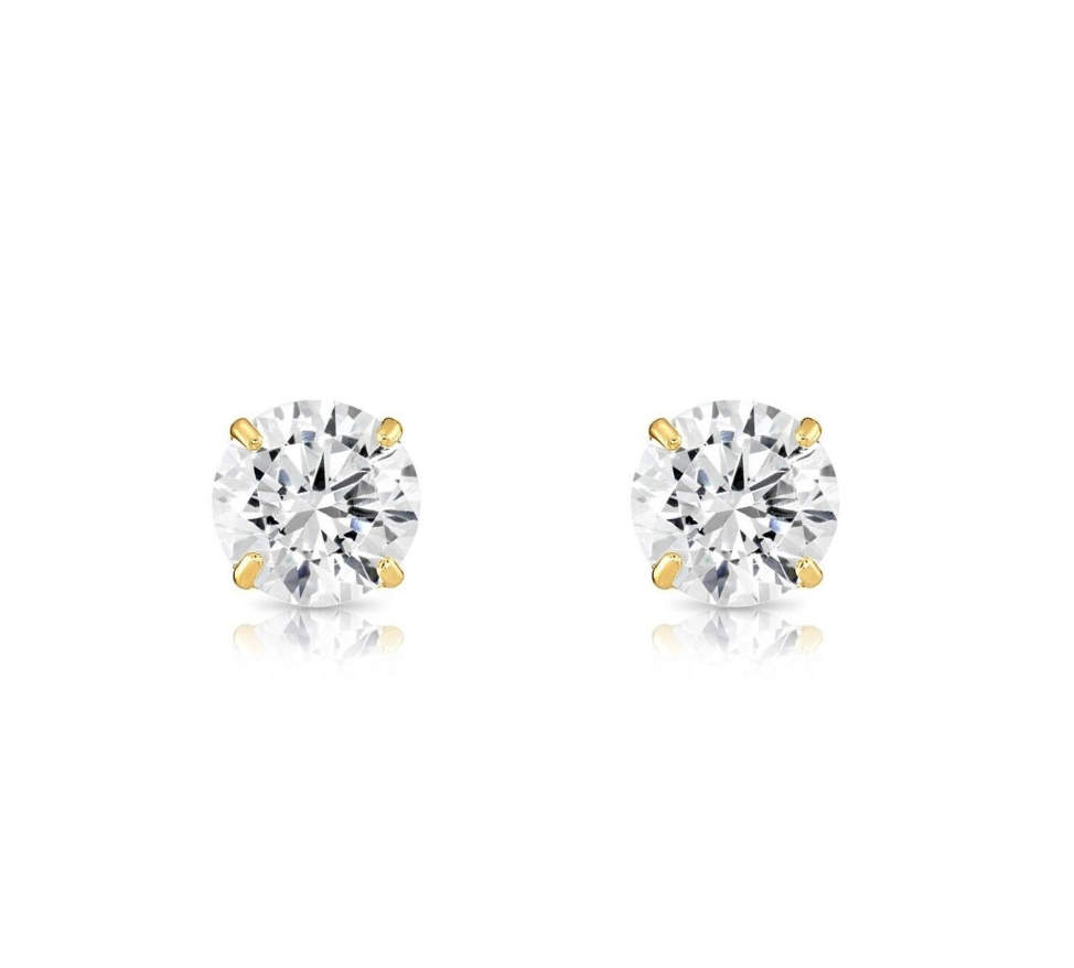 14K Solid Yellow/White Gold Round CZ Stud Earrings Basket Setting 2-10mm