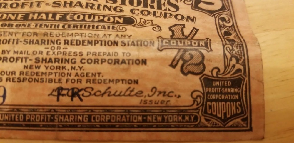 SCHULTE CIGAR STORES One Half Coupon Certificate #876279 Unique