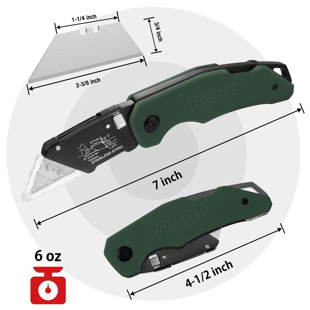 WORKPRO Folding Utility Knife Box Cutter Quick Change Blade G10 Handle 10 Blades