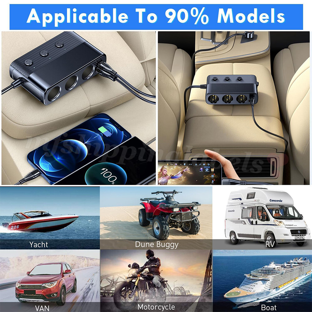 3Way Car Cigarette Lighter Socket Splitter 7 in 1 Power Adapter USB Fast Charger