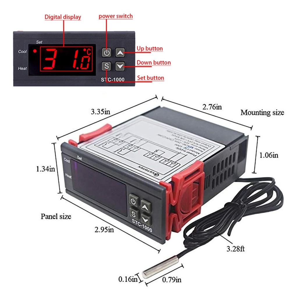 DC12V Digital Temperature Controller STC-1000 Digital LED Display Fahrenheit ...