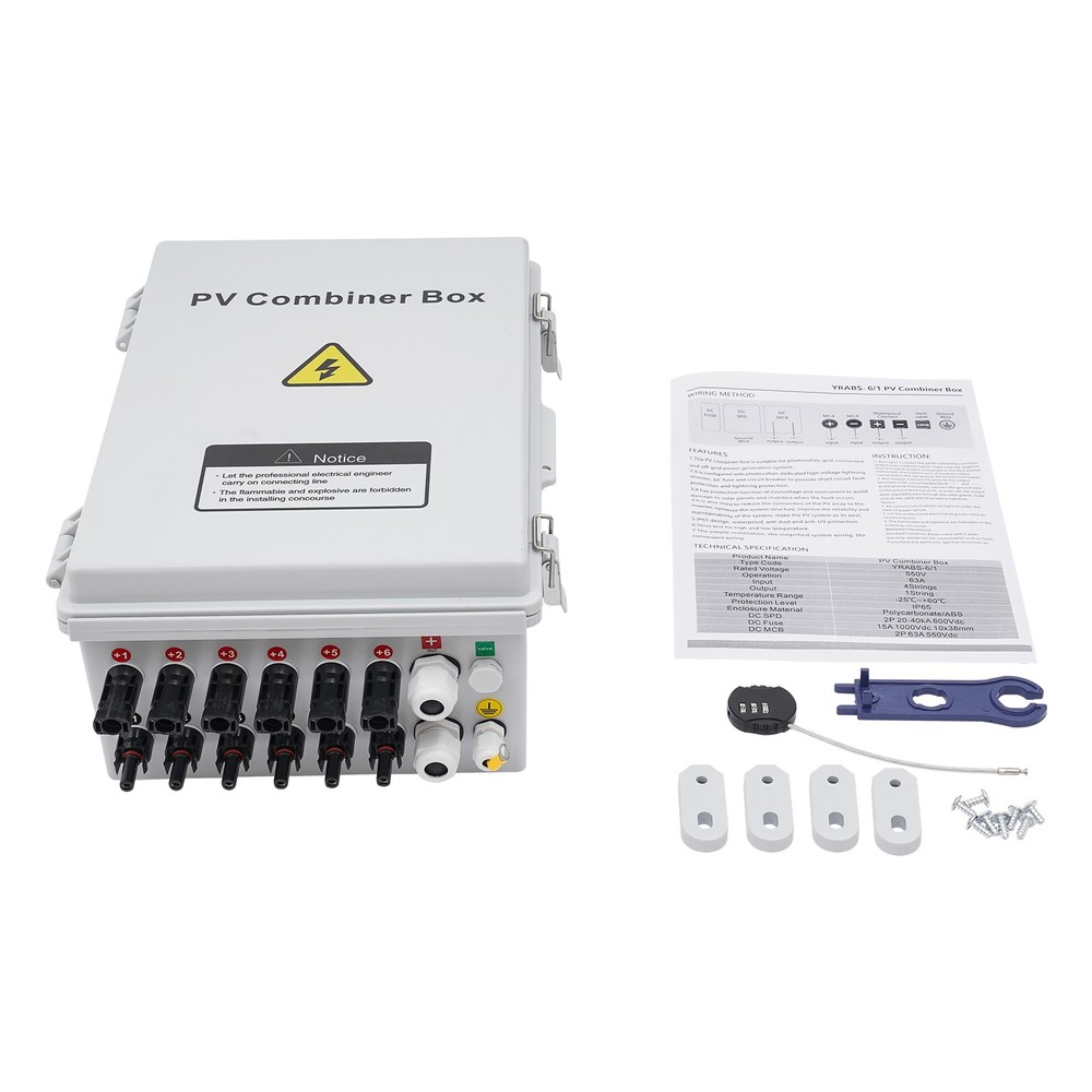 Solar PV Combiner Box With Lightning Protection 63A 6 strings For Solar Panel