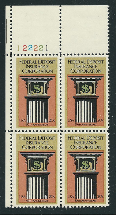 Scott  #2071... 20 Cent.... FDIC... Plate Block