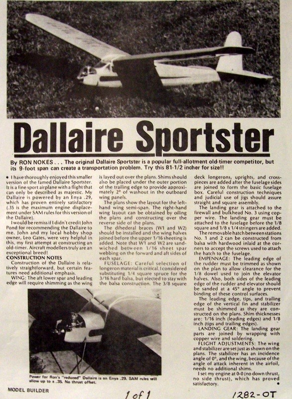 DALLAIRE SPORTSTER PLAN + CONSTRUCTION ARTICLE for 81" OT FF / RC Model Airplane