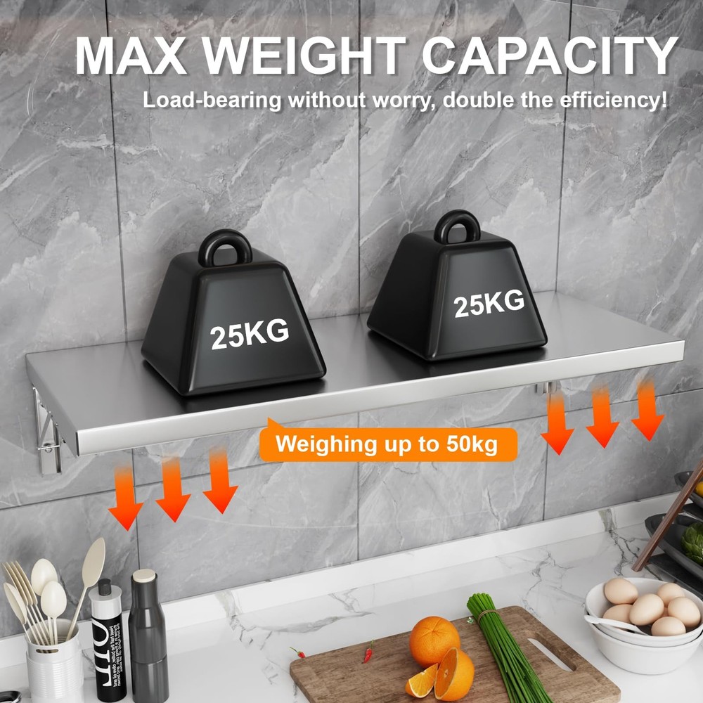 Folding Wall Shelf 47" x 12", Stainless Steel Wall Mounted Folding Table, 110...