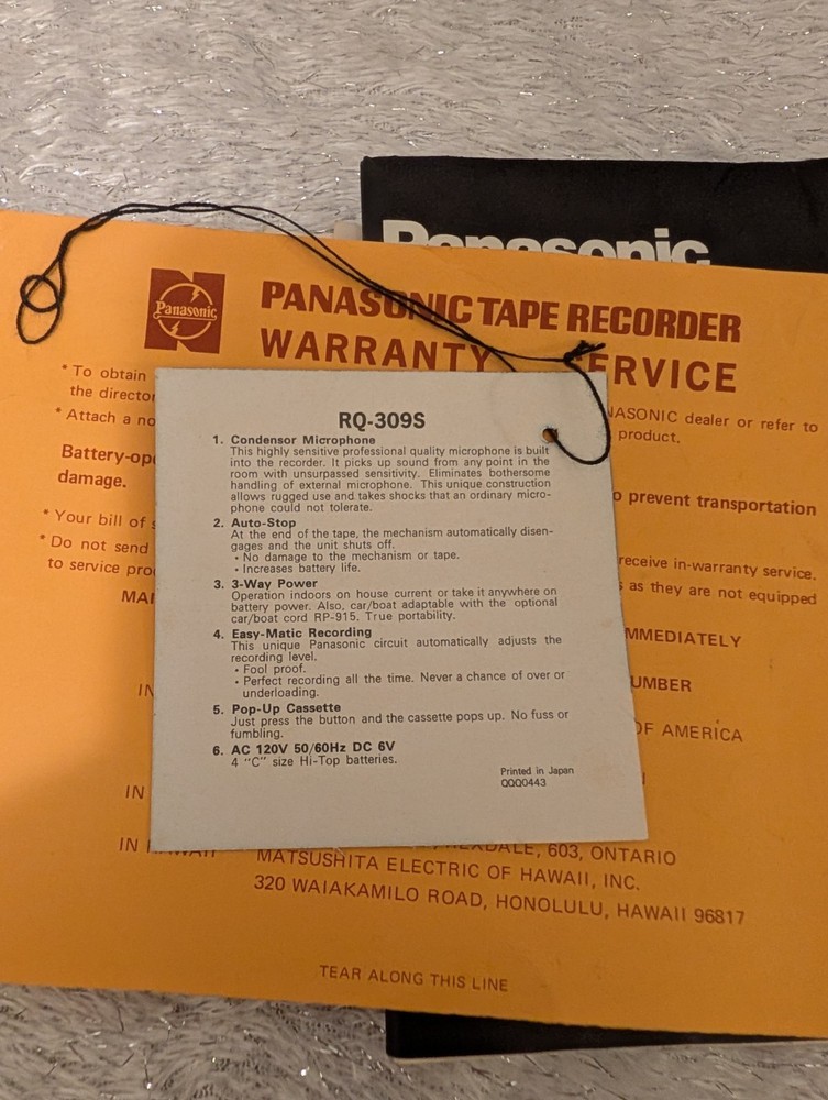 Vtg Microphone For Panasonic Tape Recorder RQ 309S And Paperwork: Untested